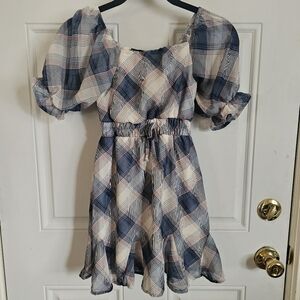 Girl's Small Trixxi Three Pink Hearts Plaid Dress Pink & Blue
